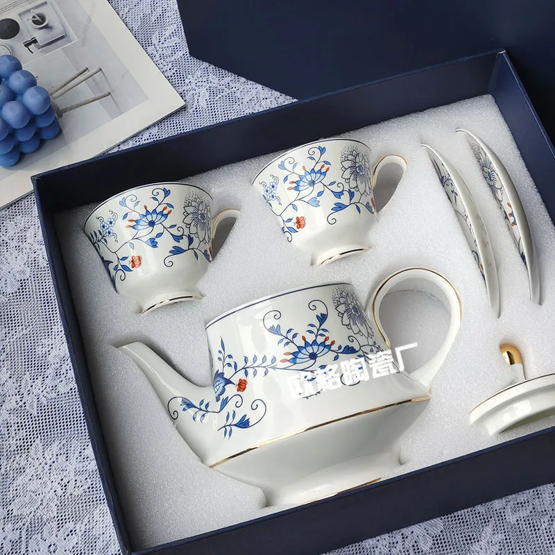 

European Style Tea Set with Teapot Two Cups and Saucers Coffee Gift Box Perfect Housewarming or Wedding Present