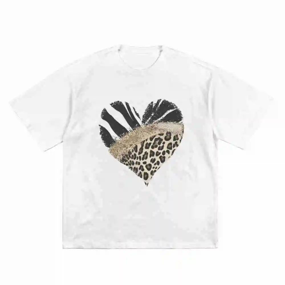 Leopard Print Heart Striped Short Sleeve Tee 100% Cotton T-Shirt