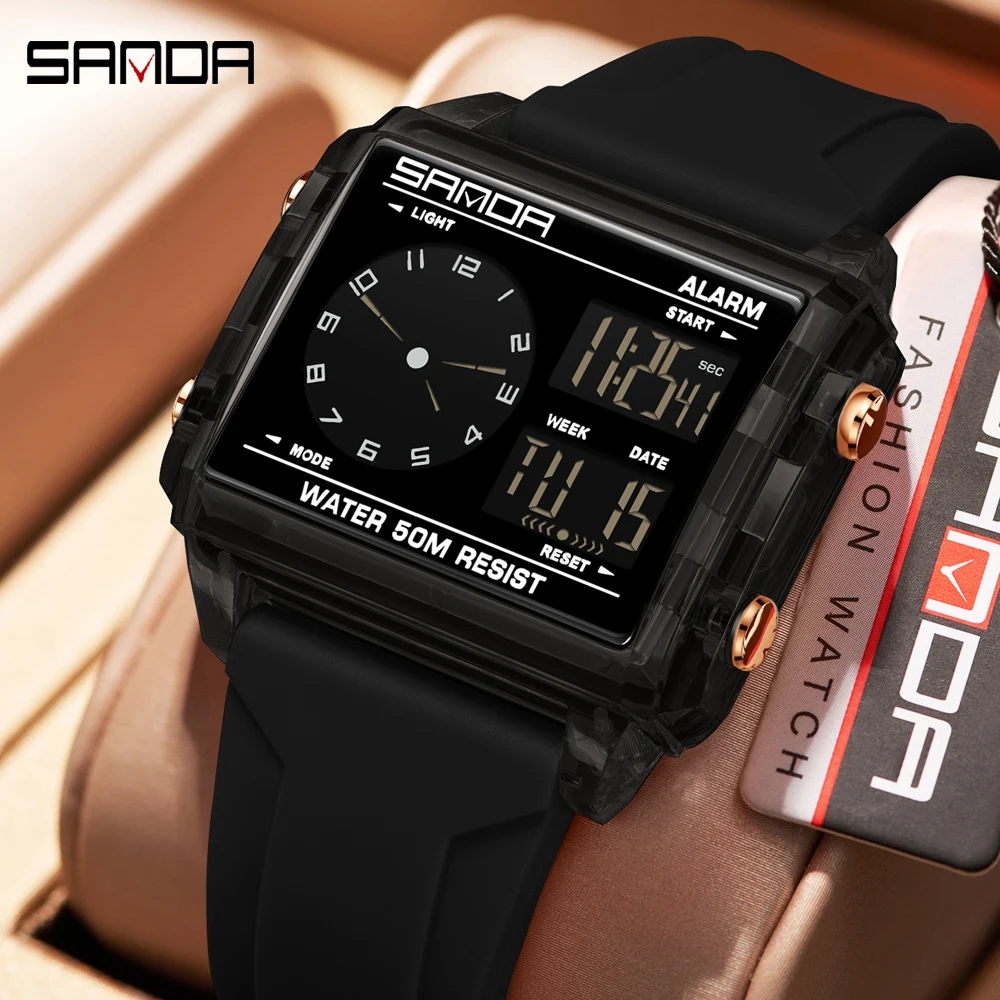 SANDA Men Women Analog Digital Wristwatch Fashion Square Dial Waterproof Countdown Timer World Time Electronic Watch