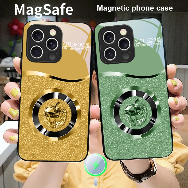 

Crystal Purple Apple For iPhone 16 E 15 14 13 Plus 12 mini 11 Pro Max XR Xs Max 16E X 7 8 Plus 2022 Magsafe Glass Phone Case