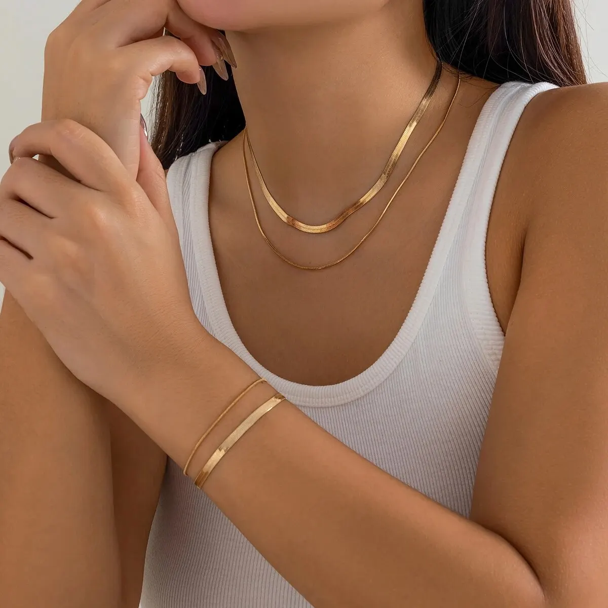 2Pcs Goth Multilayer Flat Snake Chain Necklace Bracelet for Women Simple Vintage Clavicle Choker Aesthetic Wed Y2K Jewelry Set