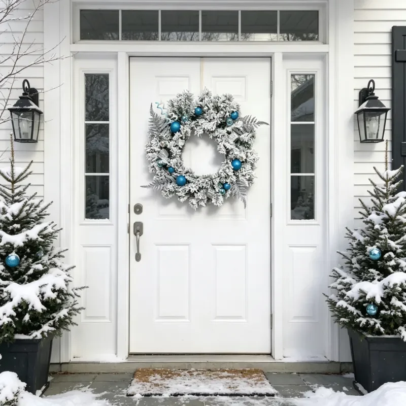 New Flocked Christmas Wreath with Blue Balls and Silver Decorations for Door Window Hanging Party Scene Home Holiday Decor