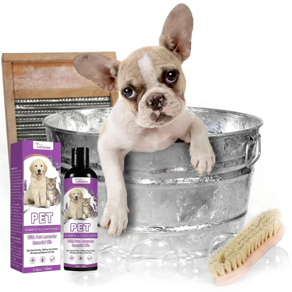 Shampooing et après-shampoing pour animaux de compagnie avec des huiles essentielles de lavande pure, formule sans larmes pour chiens et chats, pH équilibré, soin doux, 100 ml