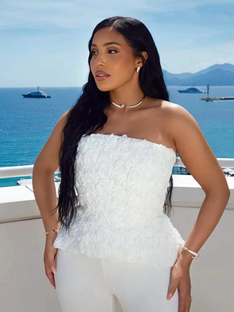 2025 Set da donna invernale sexy senza spalline fiore bianco due pezzi pantaloni fasciatura set celebrità designer moda donna