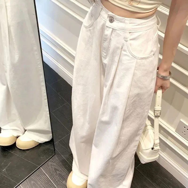 White High Waist Pleated Wide Leg Jeans Women Autumn New Streetwear Baggy Denim Pants Korean Fashion All Match Straight Trousers