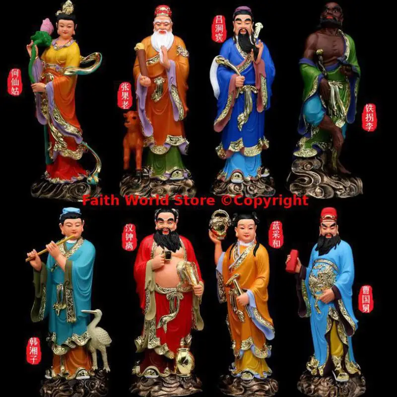 A set 8p Rare Eight Immortals gods buddha statue Taoist Buddhist Temple Altar shrine Worship Buddhism worship