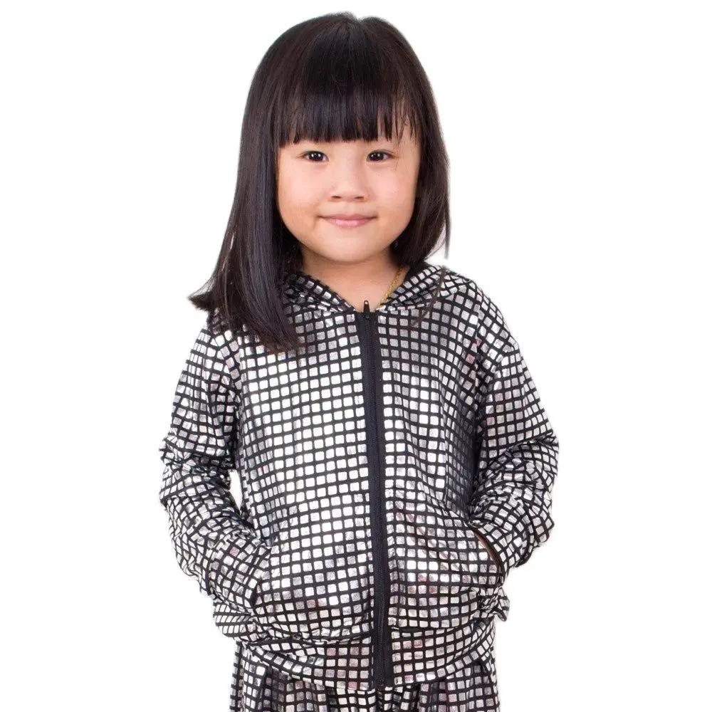 Spring Autumn Kids Black Silver Plaid  Pockets bomber Jacket Stage Performance Wear Paillette Feminina Casaco Hip Hop Dance Coat