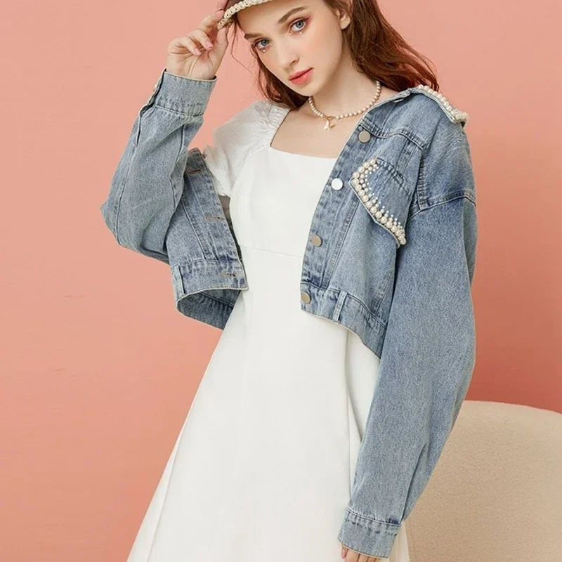 Women's Denim Short Coat with Pearls Buttons,Lapel Loose Jacket,Korean Fashion,Casual Street Outwear, Light Blue, Lovely, Autumn