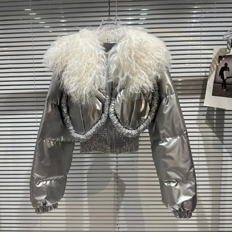 Hot Girl Style Lamb Fur Collar Glossy Long Sleeve Cotton Coat Female 2023 Winter New Short Warm Cotton-Padded Coat for Women