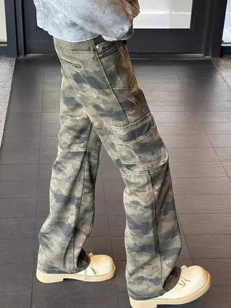 

American Camouflage Work Pants Men's Autumn Winter High Street Knife Flared Jeans CleanFit Straight Leg Logging Pants