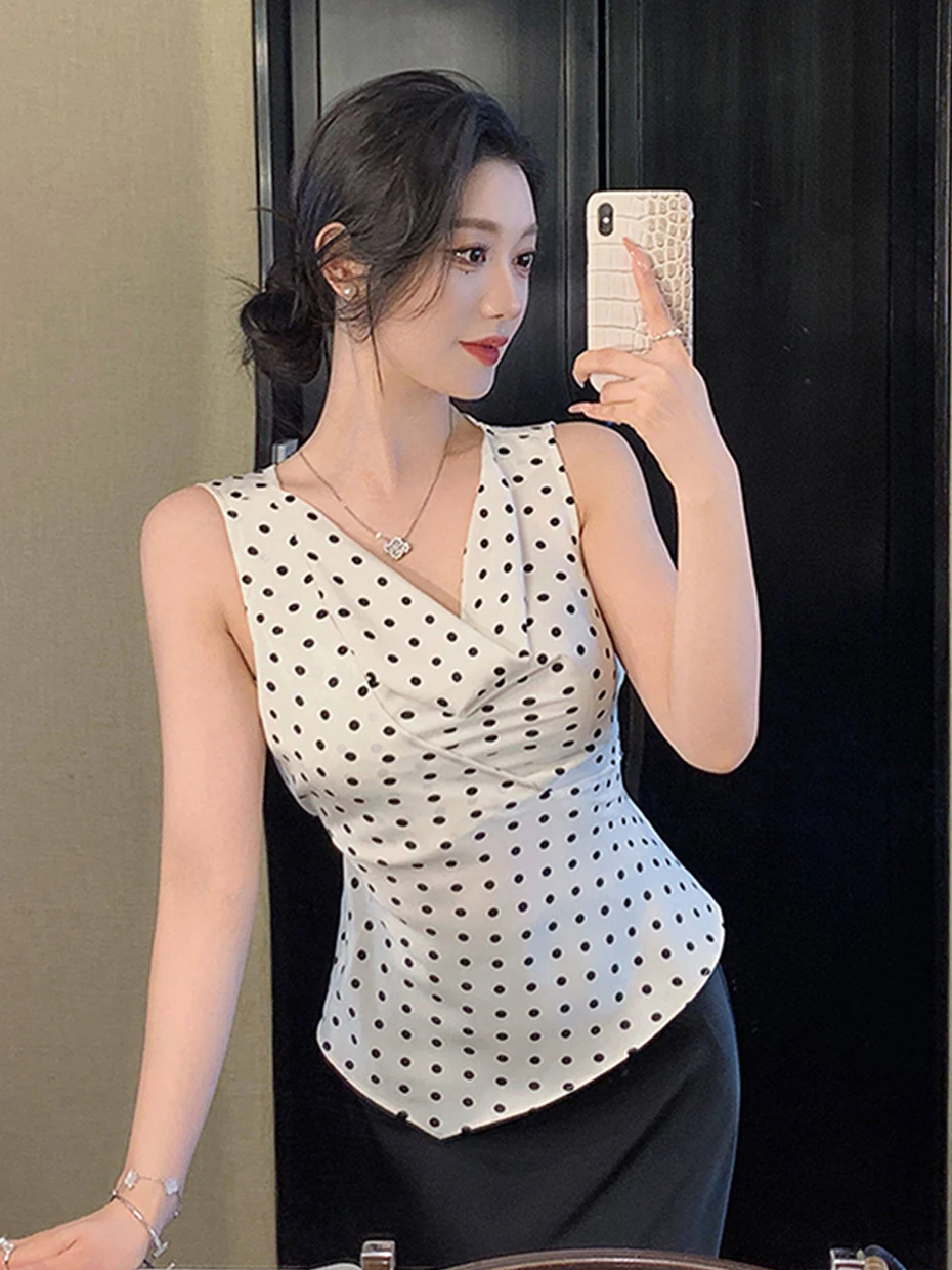 

Elegant White Polka Dot Sleeveless Shirt Women's Summer Back Strap Waist Cinching High End Feeling Top French Style Slim Fit