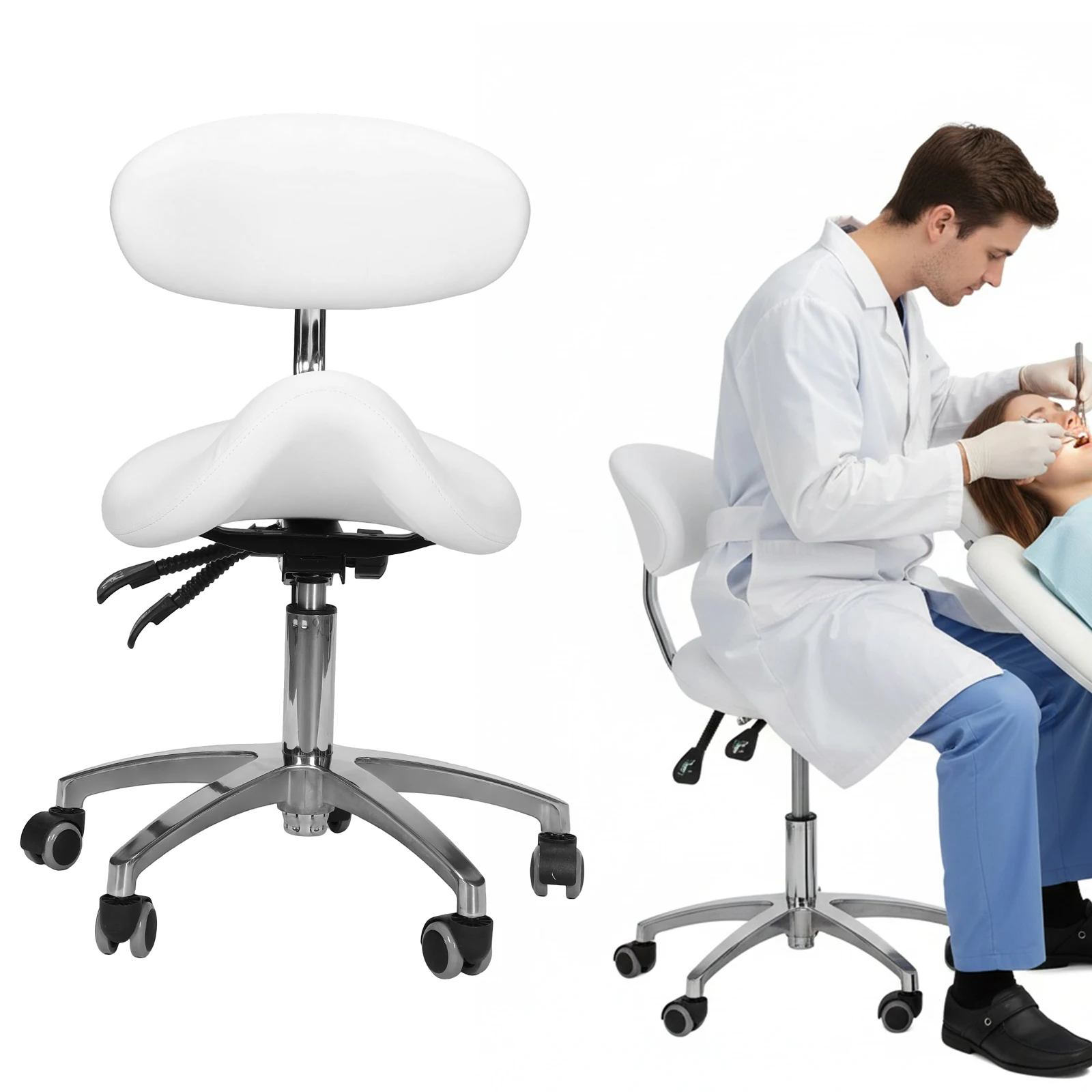 

Вращающееся регулируемое кресло-седло на колесиках с поддержкой спины, высота 19.93-21.65 дюймов, для дома, офиса, салона, спа, кухни, тату-салона