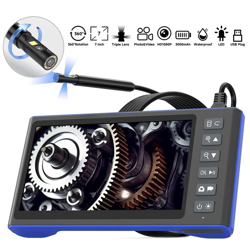 7'' IPS Screen 360° Auto Rotate Endoscope Video Dual Triple Lens LEDs Waterproof Car Inspection Borescope Camera With TF Card