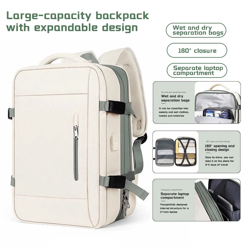 

Дорожный рюкзак для ноутбука объемом 35 л с USB-портом для зарядки, водонепроницаемым рюкзаком, расширяемым, подходит для мужчин и женщин.