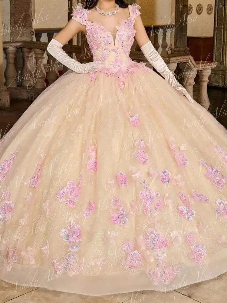 AQ116 ที่กําหนดเอง Vestido De xv Quinceanera V คอดอกไม้ Applique Puffy กระโปรงผู้หญิงปาร์ตี้ชุดพรหมหวาน 15 16 ชุด