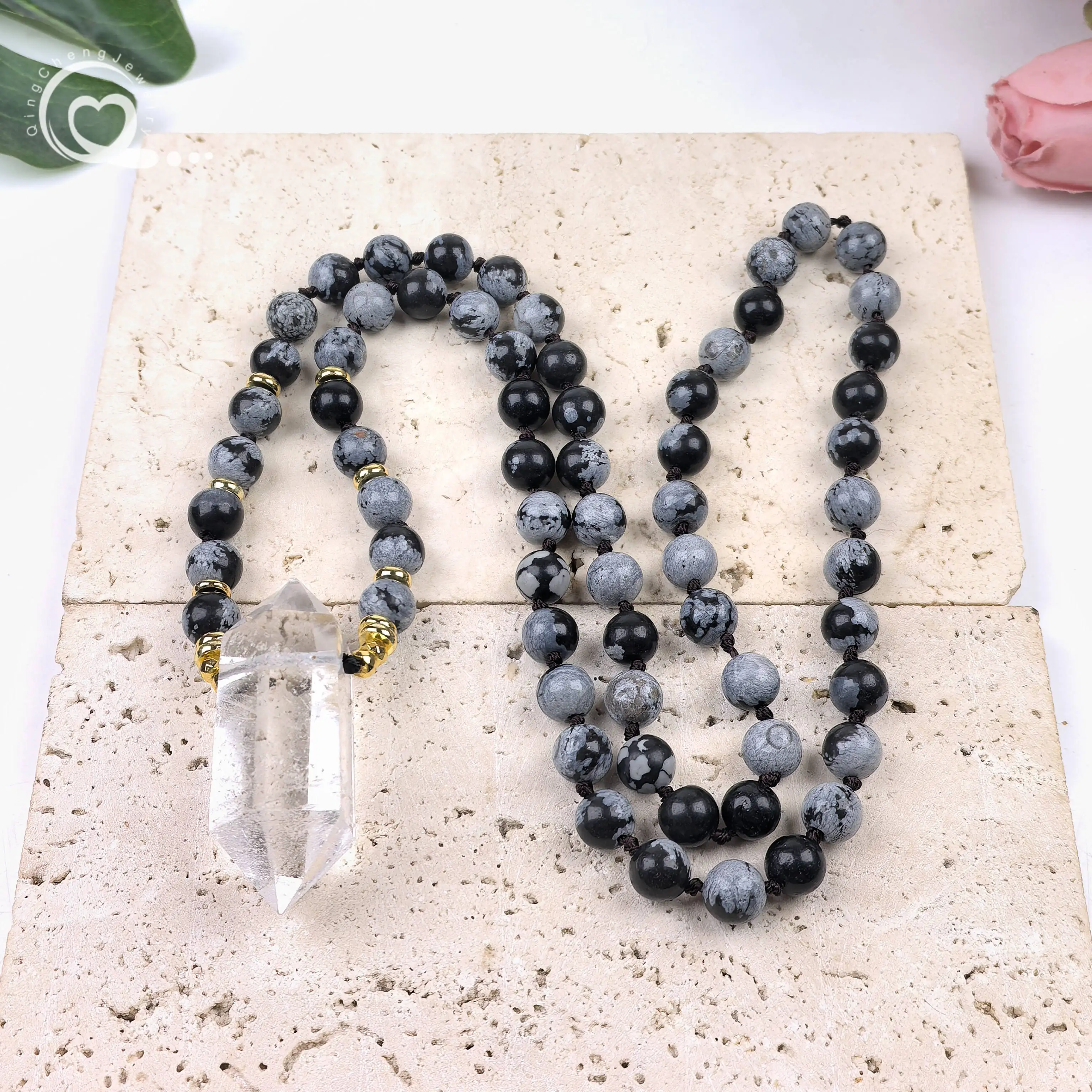 

Double Point Clear Crystal Pendants 108 Mala Necklace Knot Handmade Snowflake Jasper 8mm Round Beads Yoga Prayer Jewelry,QC0189