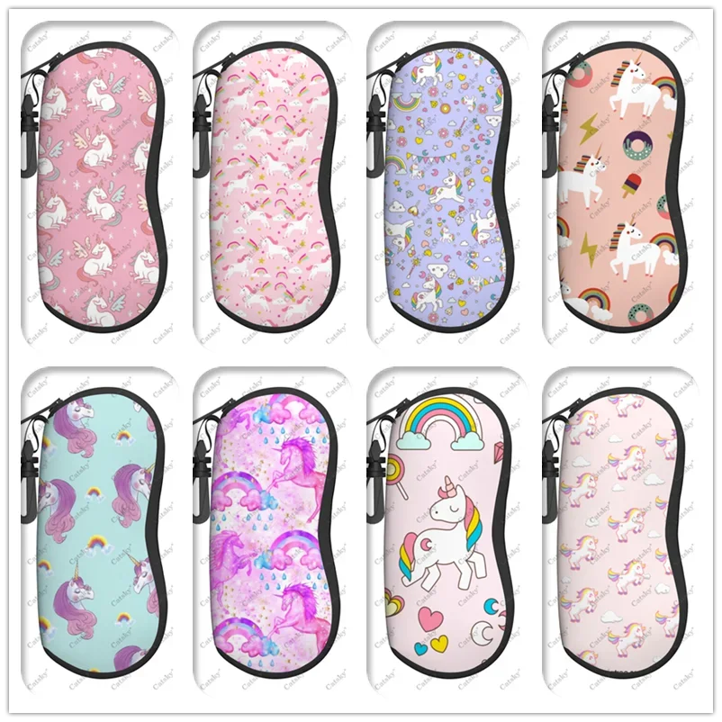 Unicorn Cartoon Glasses Case para homens e mulheres, Impresso Travel Zipper Sunglasses Bag, Óculos de armazenamento padrão clássico