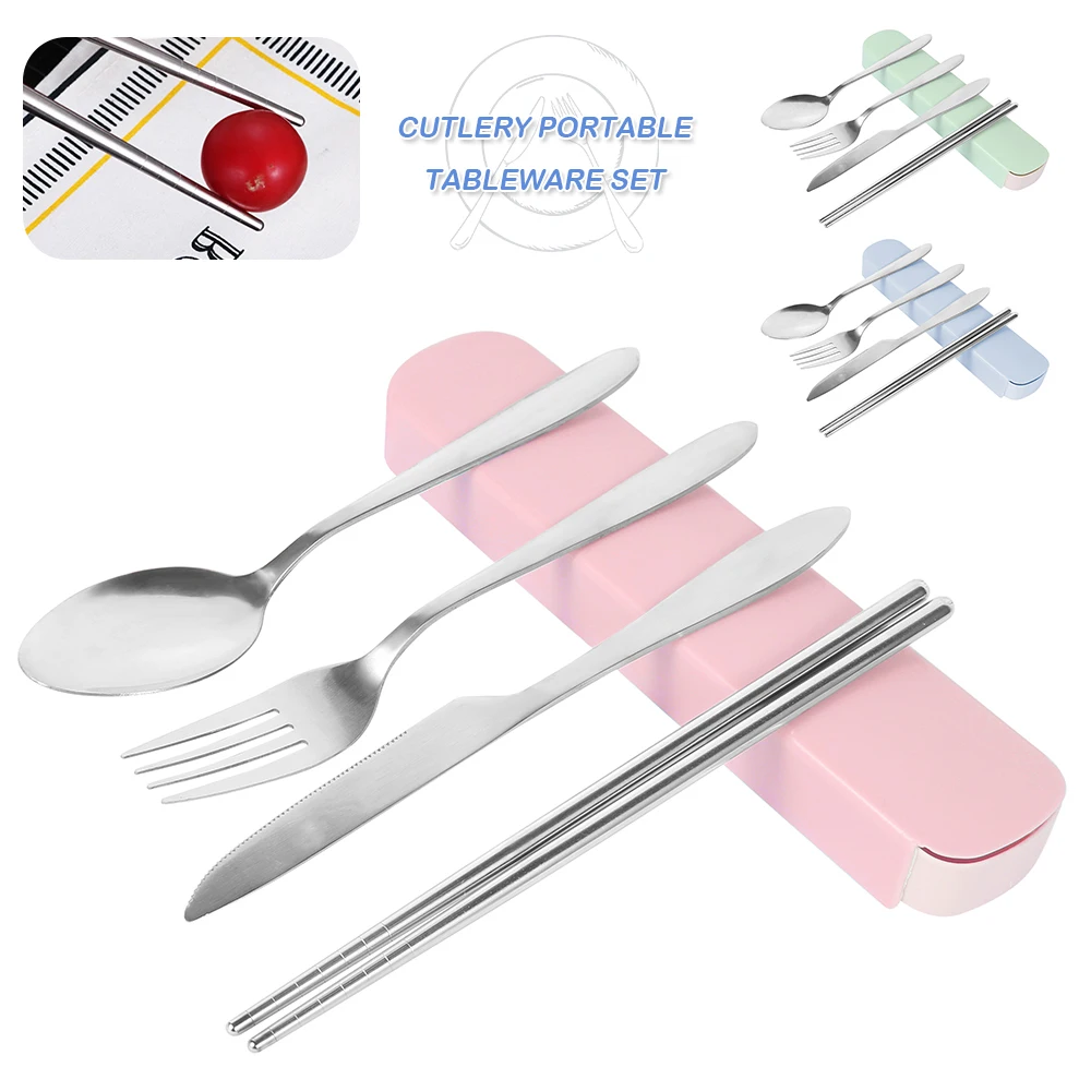 4 Pcs/set Stainless Steel Silverware Set with Case Travel Portable Cutlery Set Outdoor Camping Flatware Set Personal Utensils