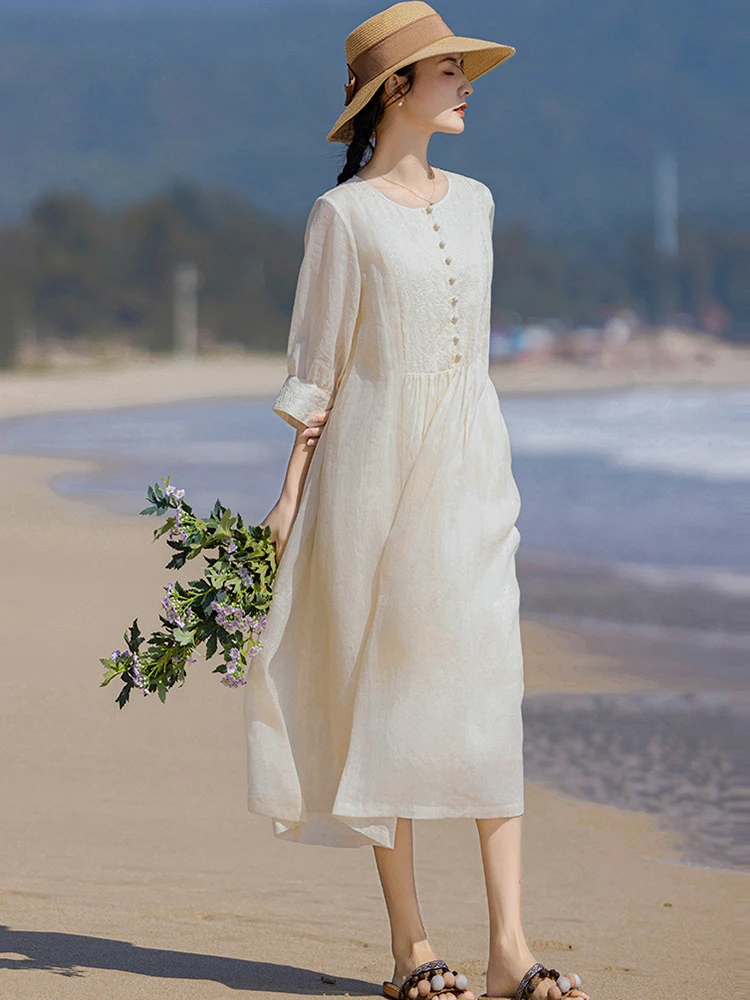 

High Quality Ramie Embroidery Women Casual Dress New 2026 Summer O-neck Solid Color Loose Female Holiday Long Dresses M2753