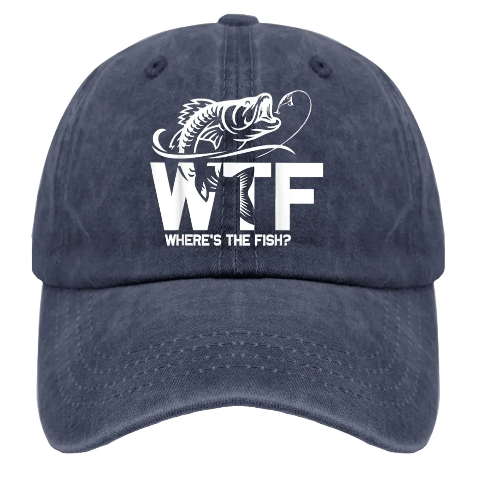 WTF Where\'s The Fish Hats for Man Fishing Here Fishy Fishy Hats for Men Baseball Funny Trucker Men Black Gym Caps Navy Blue