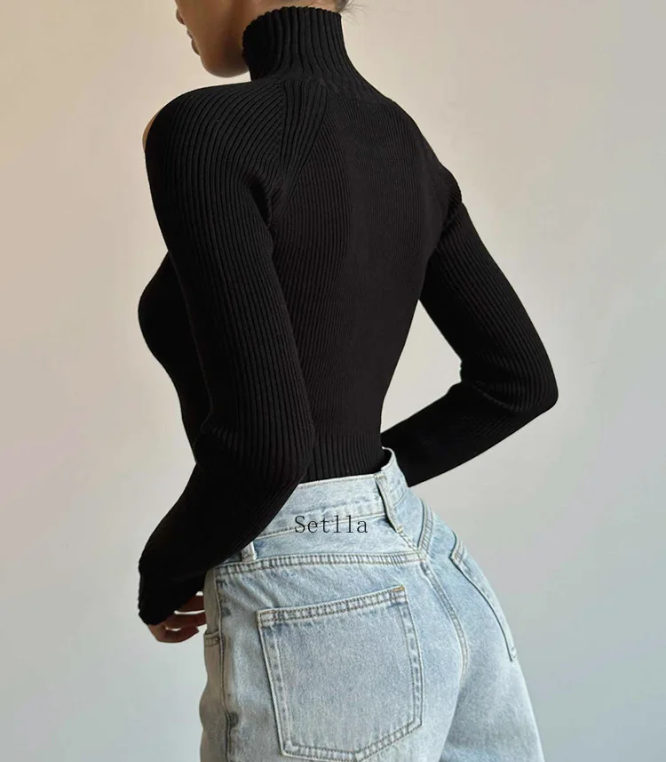 Fashion Ribbed Knit Cut Out Tops Elegant Long Sleeve Sexy Slim Turtleneck Autumn Tops Tees Pullovers Streetwear Women Clothing