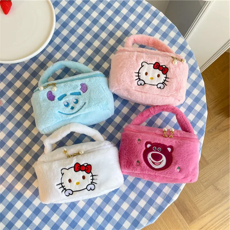 Sanrio Cartoon Plush Handbag Cute Plush Makeup Bag Kawaii Hello Kitty Bag for Women Christmas Birthday Gifts for Kids Girls