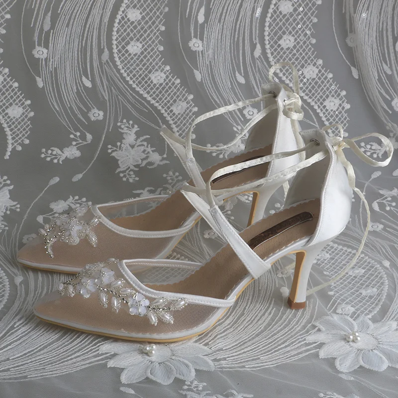 Wedopus Customized Wedding Woman Shoe Ivory Mesh with Pearl Rhinestone Applique Pointed Toe Bridal Shoes Lace-up