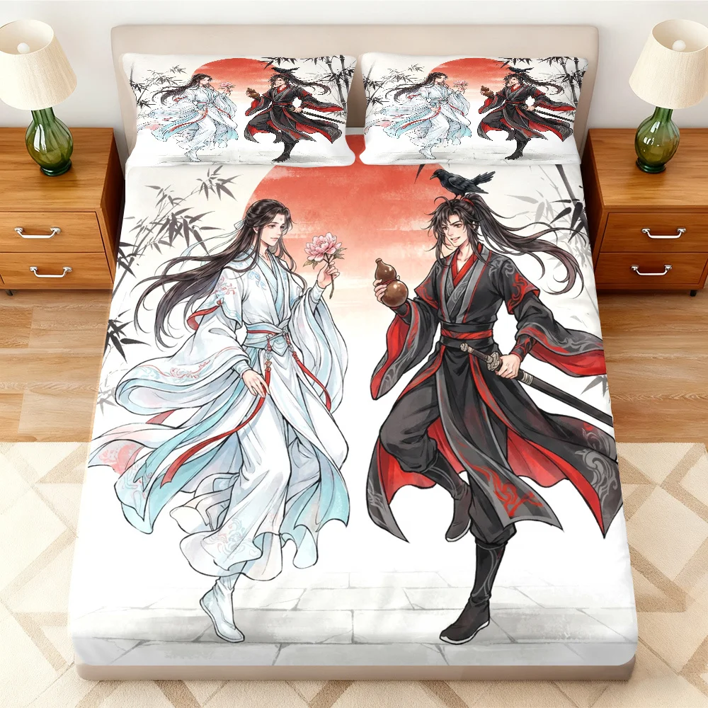 3-Piece Mattress Protector Set, 2D Flat Printed Fitted Sheet, Character and Floral Bamboo Pattern Three-Piece Set, Romantic Style Bedding, Mattress Protection, Home Bedroom Decoration, Holiday-Themed Fitted Sheet and Pillowcase, Mattress Protector Cover, Stain-Resistant, Mattress Protector Cover Suitable for All Seasons, Machine Washable and Easy to Care For, Universal for Home Bedroom, Essential for Dormitories and Rentals, Master Bedroom and Guest Room Decoration, Dust-Proof and Stain-Resistant, High Elasticity, Fits Various Sizes
