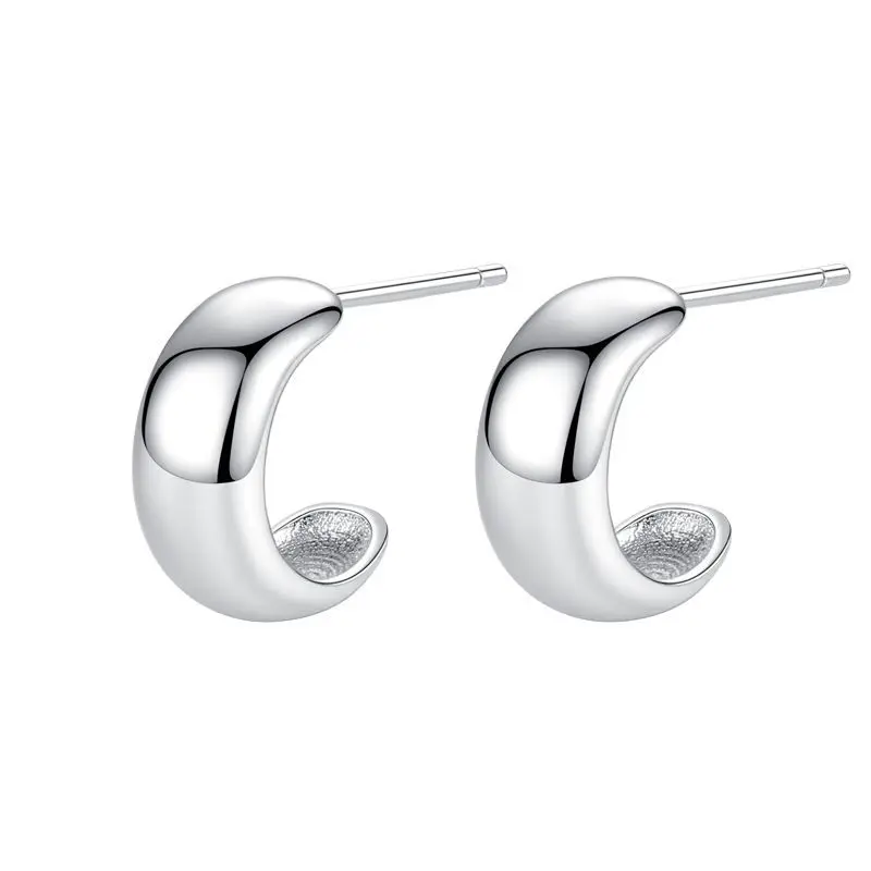 

S925 Sterling Silver Glossy C-Shaped Stud Earrings Women's Minimalist Fashion Jewelry