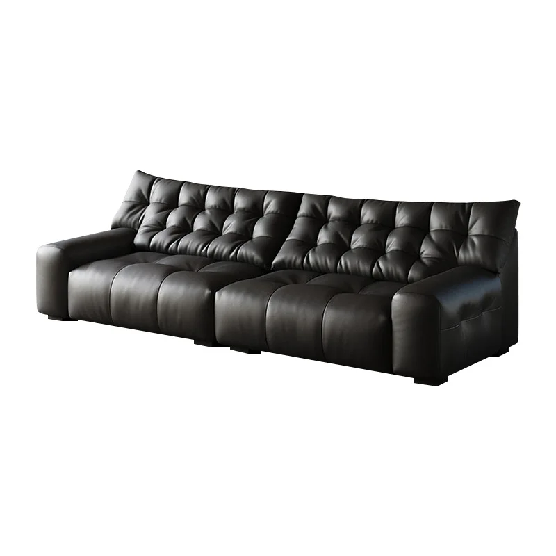 

Italian minimalist large black bear leather sofa straight row small apartment living room