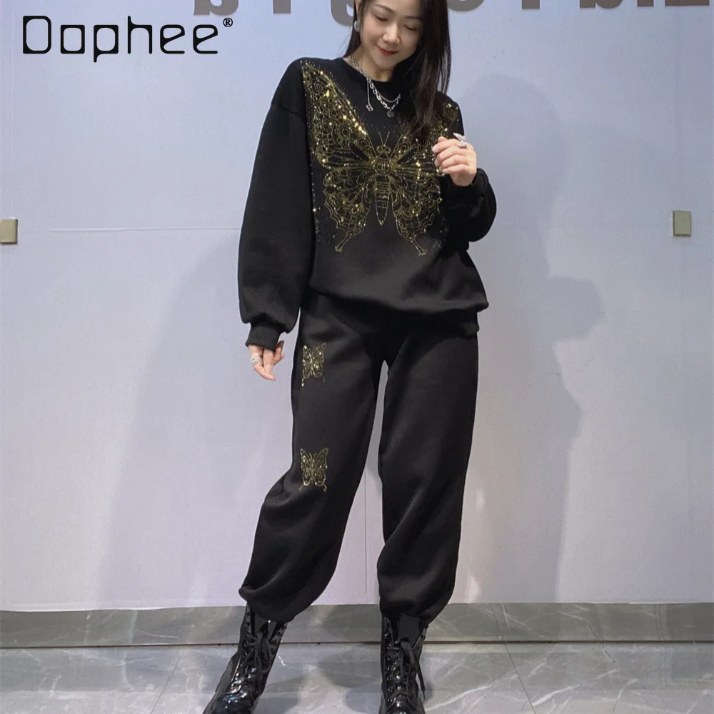 

Women's 2-Piece Butterfly Tracksuit 2026 New Oversized Sweatshirt and Jogger Pants Set with Rhinestone Print