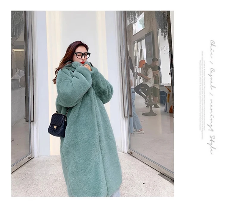 Lautaro Winter Long Loose Casual Windproof Soft Thick Warm Fluffy Green Black Faux Fur Coat Women with Hood Furry Overcoat 2023