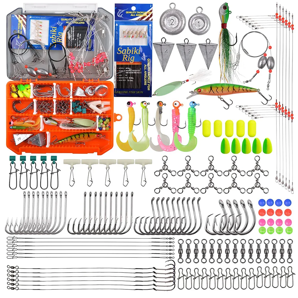 

Surf Fishing rig Kit 160pcs Saltwater Ocean Fishing Gear Rigs Minnow Lures Spoon Bucktail Jig Fishing weights Tackle box