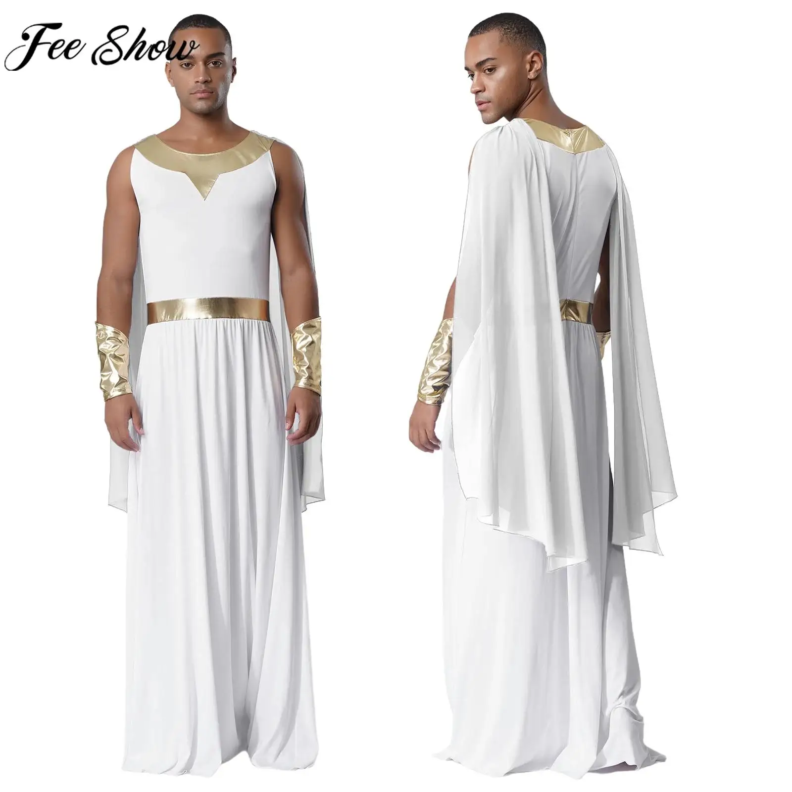 Men Ancient Greek Roman Toga Halloween God Zeus Angel Priest Cosplay Costume Sleeveless Tunic Robe with Cuffs for Theme Party