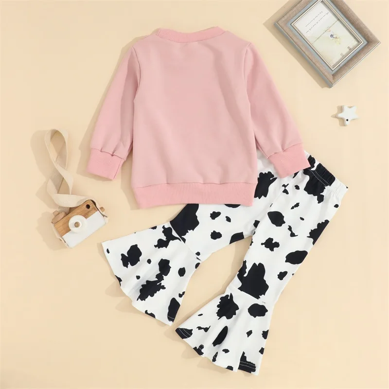 Adorable Baby Girl 2-Piece Autumn Ensemble Stylish Sweater with Alphabet Print and Trendy Cow Pattern Bell Bottoms Set