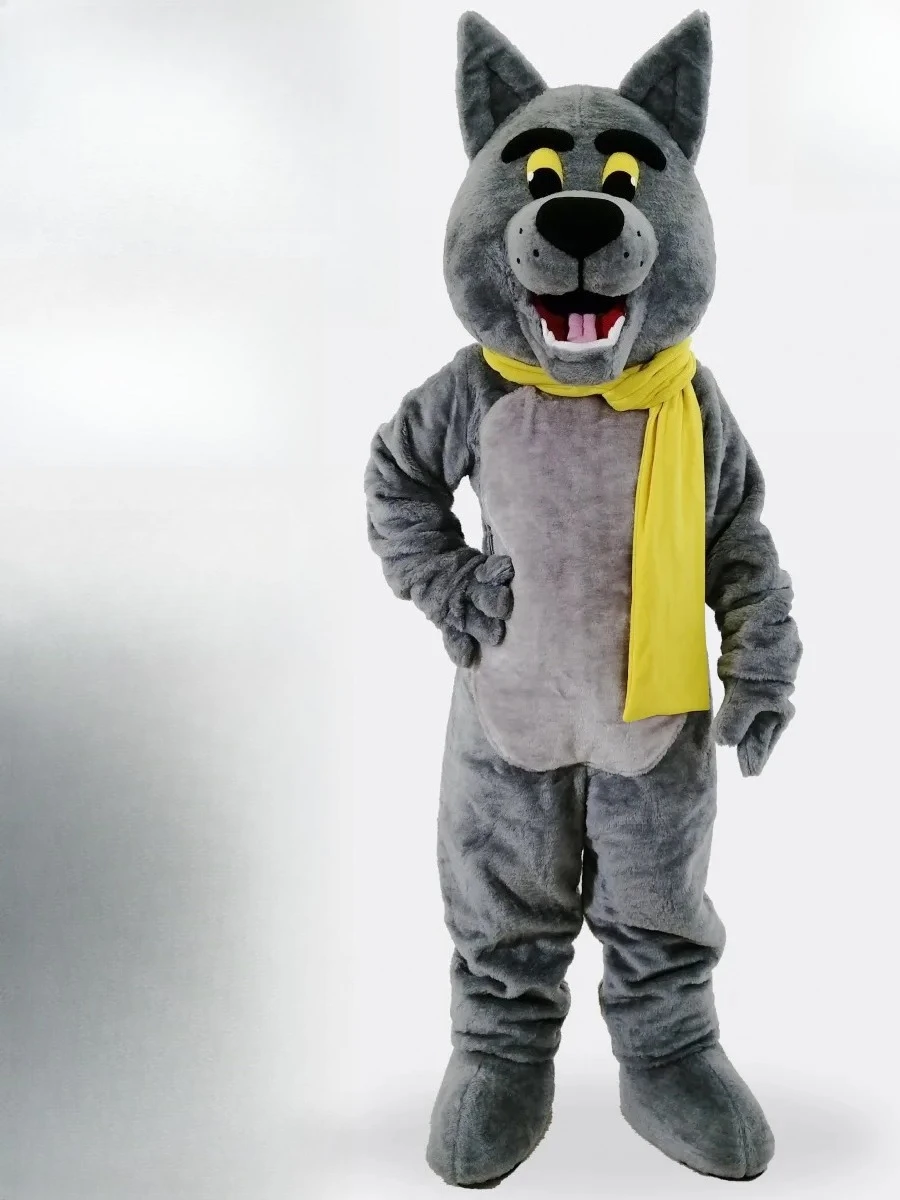 Disfraz de mascota de lobo gris con andamio amarillo para adultos, traje de cuerpo completo de perro de dibujos animados para Halloween, Navidad y fiestas de lujo