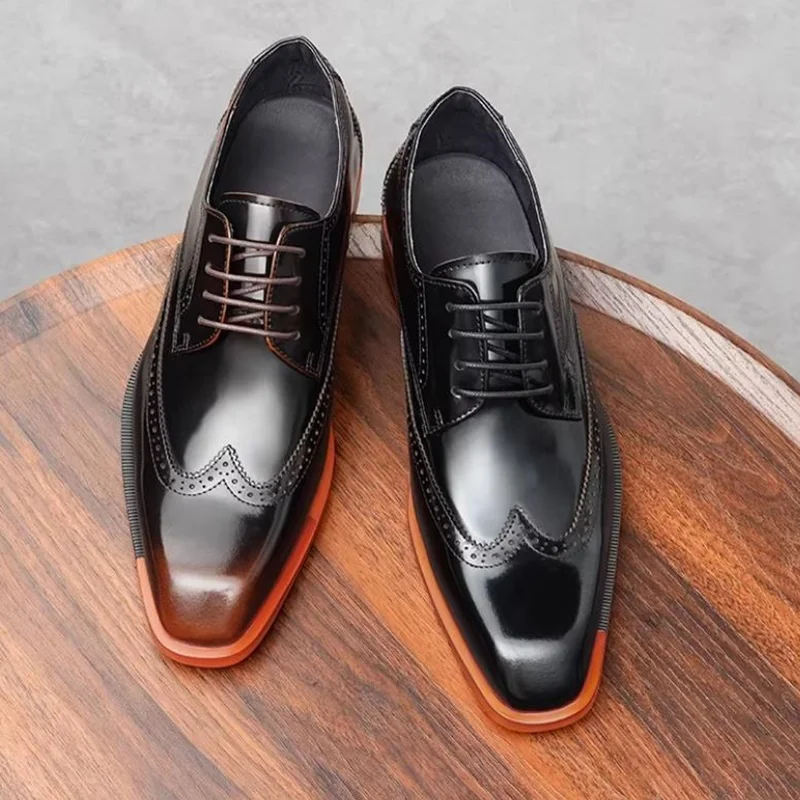 New Style Lace-up Square-toe Business Formal Leather Shoes For Men Brogue Carved Derby Shoes Mens Party Wedding Dress Shoes