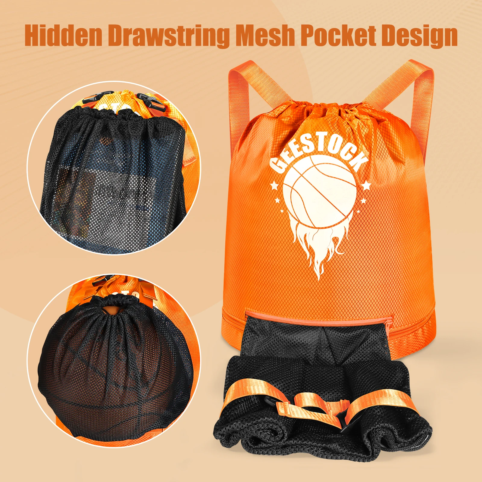 Picture 6: 20L Durable Orange Drawstring Gym Travel Storage Bag Women Sports Backpack for Basketball Football Running Outdoor Activities
