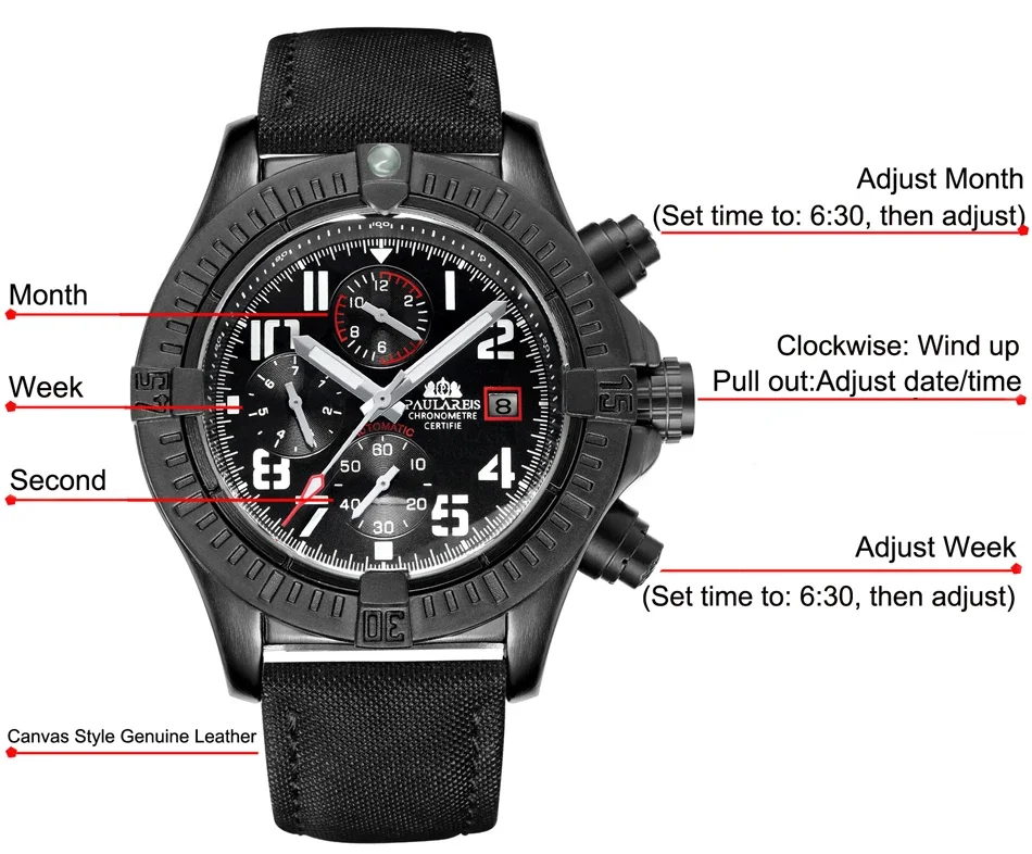 อัตโนมัติส่องสว่างผ้าใบสไตล์ของแท้สีดำหนัง Multifunction วันที่เดือน Sport นาฬิกาผู้ชาย