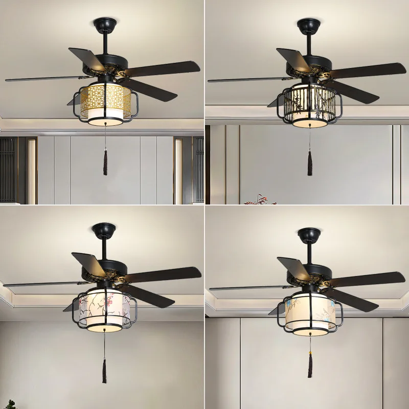 Restaurant Ceiling Fan Light Tea House Club New Chinese Courtyard Loft Variable Frequency Electric Fan Chandelier