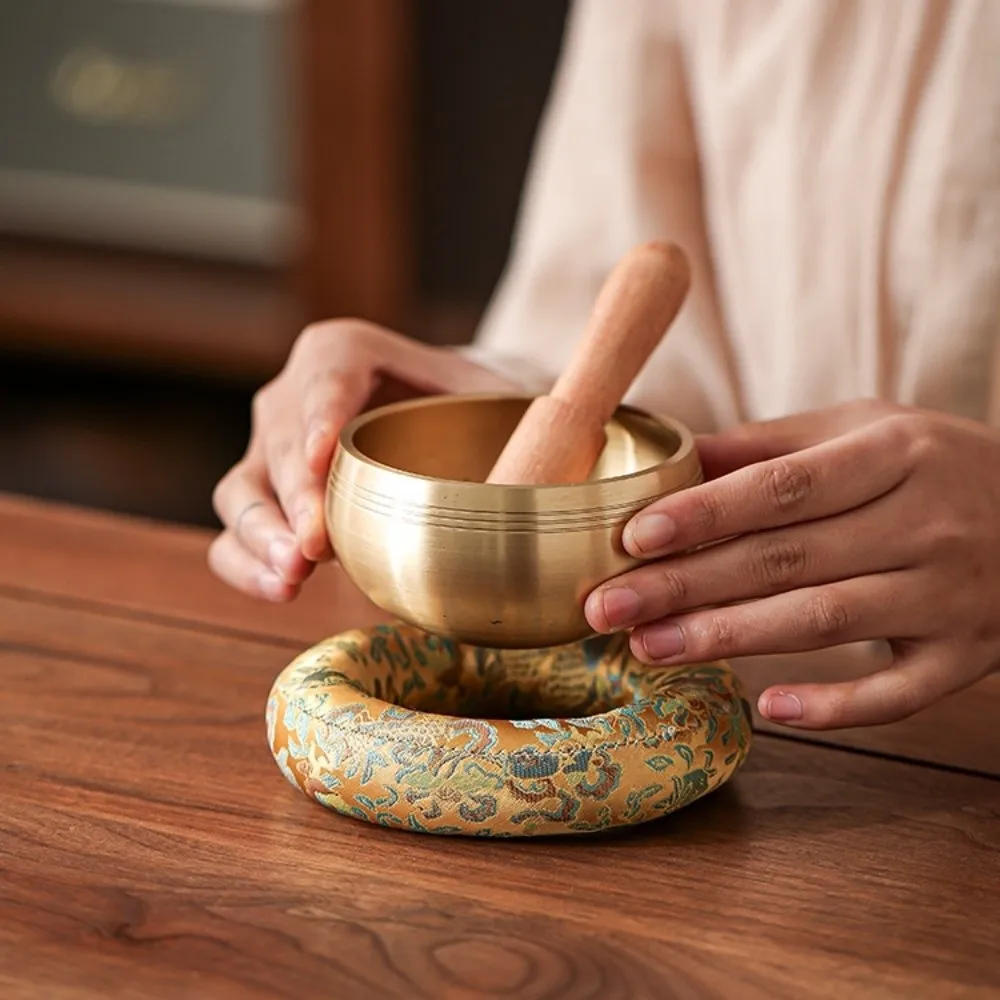 Nepalese Singing Bowl Mat Brocade Donut Shape Sound Copper Out Mat Traditional Non Slip Wooden Fish Coaster Yoga