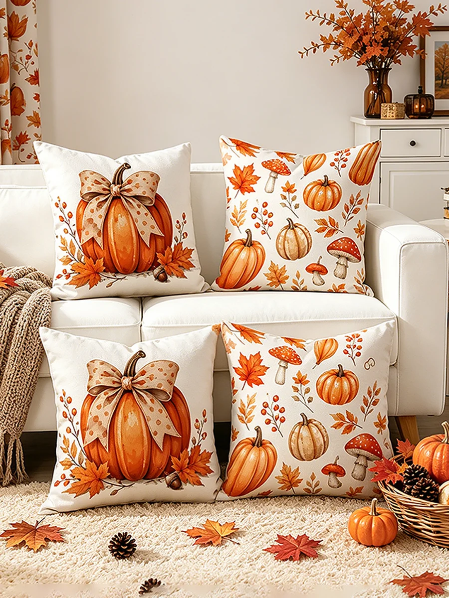 4PCS Digital Print Pillow Covers, Cushion Covers, Cute Gingham Pumpkins with Bows Leaves Warm Fall Harvest Home Sofa Decor