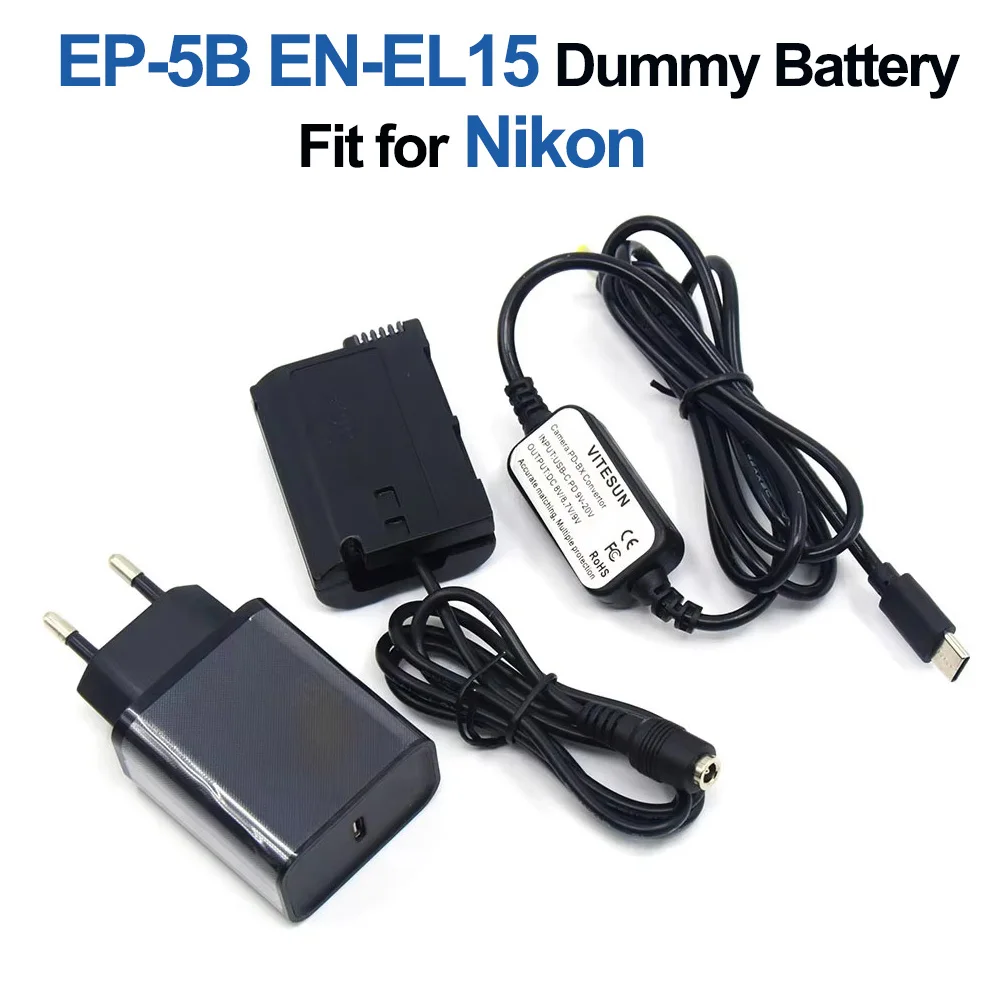 

USB C to DC Cable PD Charger EP-5B EN-EL15 EN-EL15A Dummy Battery for Nikon Z6 D7000 D7100 D7200 D7500 D850 D810 D800 D800E