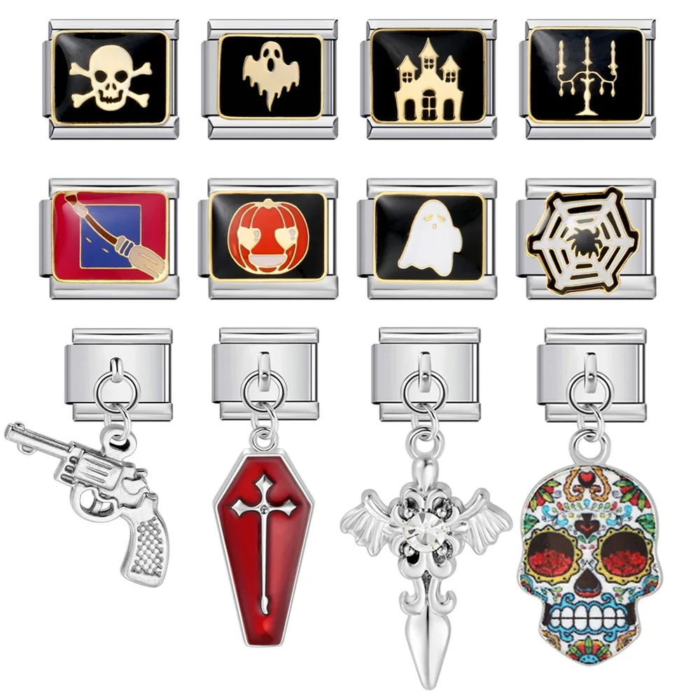 URING Colorful Italian Charms Pendant Gothic Halloween Collection Jewelry Link fit 9mm Stainless Steel Bracelet Making Beads DIY