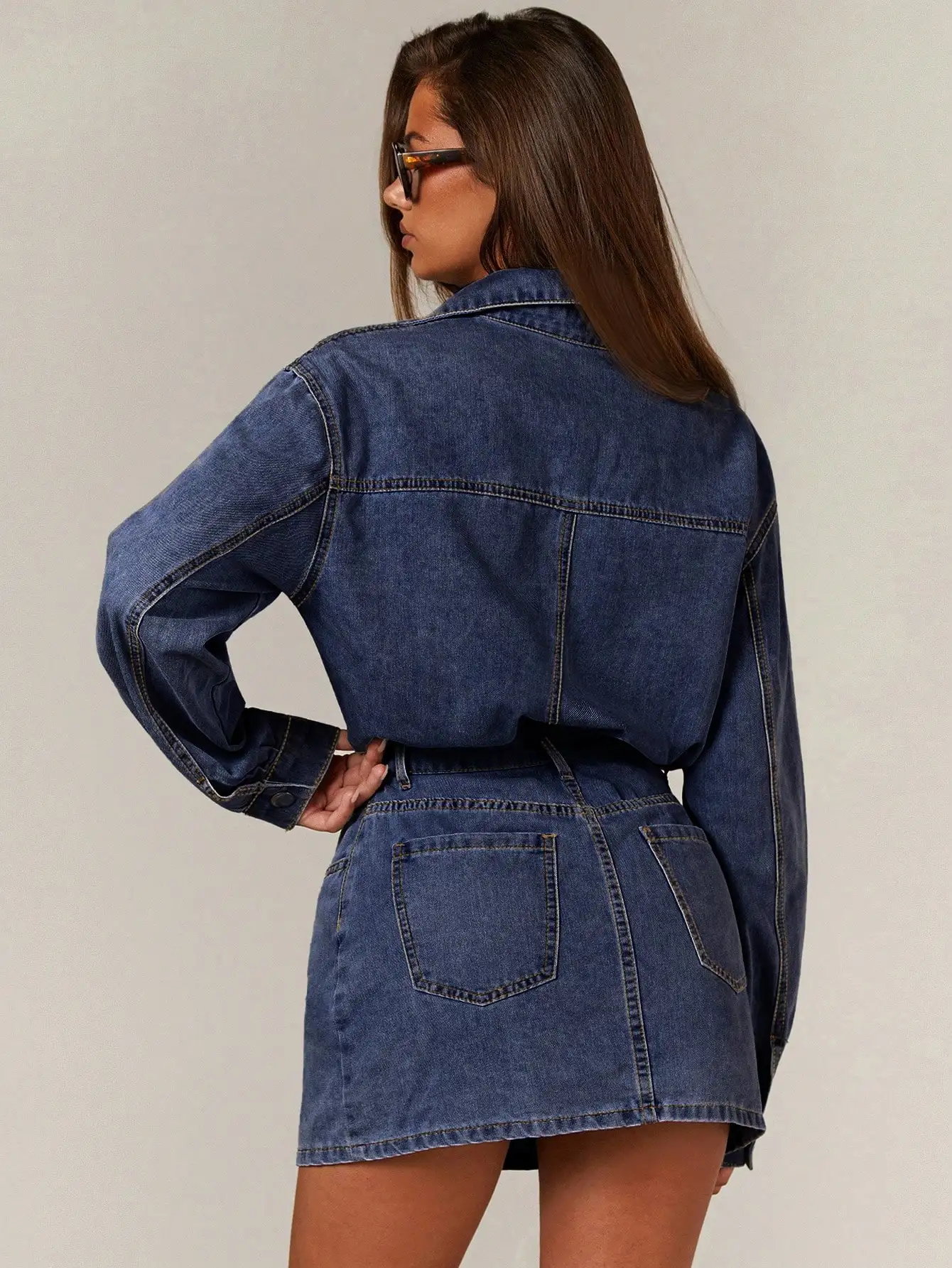 

Women's Long Sleeve Utility Pocket Single-Breasted Denim Mini Dress