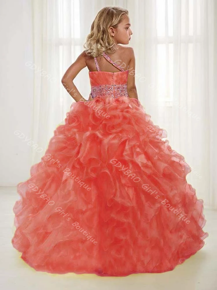 Vestido de desfile amarillo para niñas, vestido de princesa de Organza escalonado con un hombro de cristal, vestido de flores para boda, ropa personalizada para niños