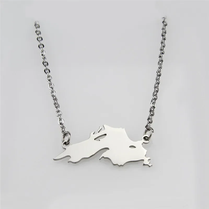 Lake Superior Map Pendant Necklace Stainless Steel USA Canada Freshwater Shape Chain Collar Clavicle Choker for Women Jewelry