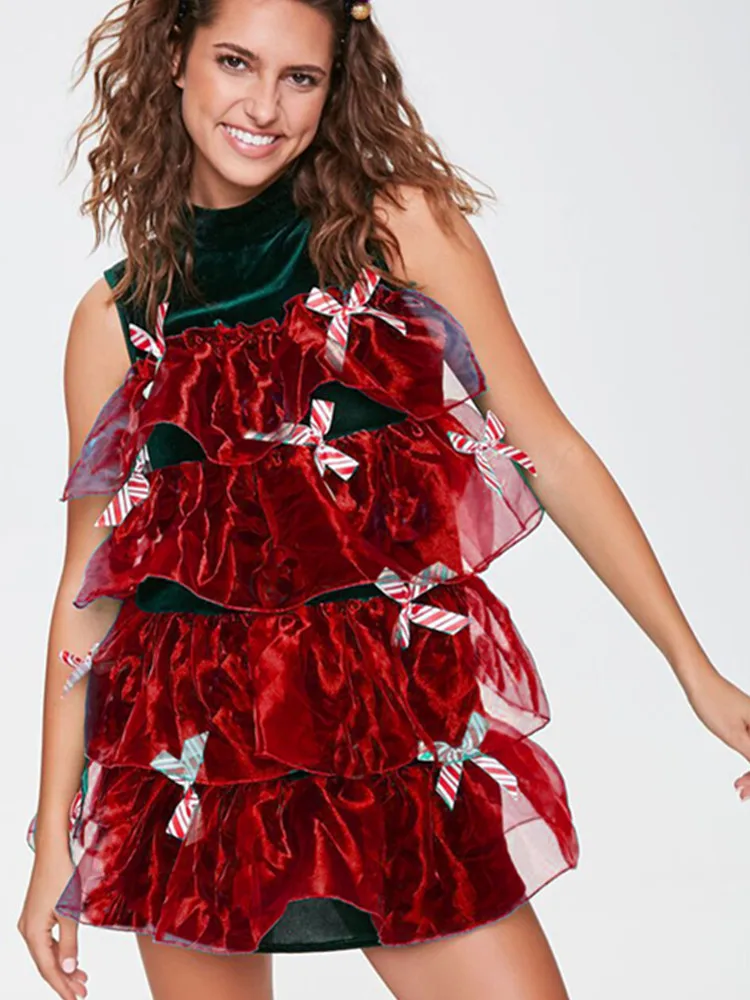 

SKMY 2025 New Fashion Christmas Costume Green Christmas Tree Role Playing Party Dresses Autumn Women Clothing Sleeveless Dress