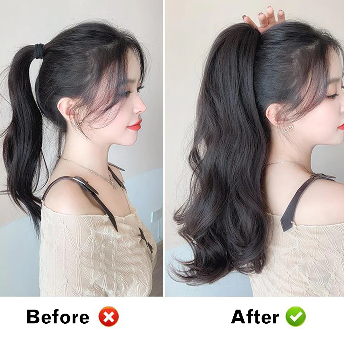 Klip Wig Ekor Kuda Klip Gelombang Besar Sintetis 18 Inci Pada Ekor Kuda Wanita Rambut Keriting Panjang Hitam Alami Pakaian Sehari-hari