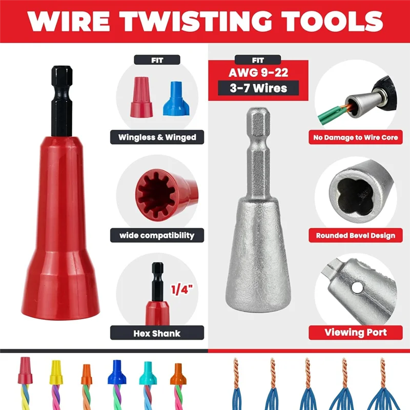

AB34-Wire Twister Tool Set For Drills, 6PCS, 1/4Inch Hex Shank, With Bit Holder Keychain For 9-22 AWG Wire